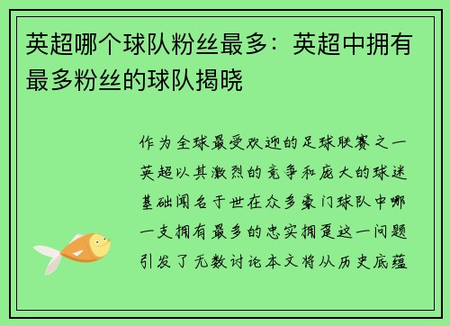 英超哪个球队粉丝最多：英超中拥有最多粉丝的球队揭晓